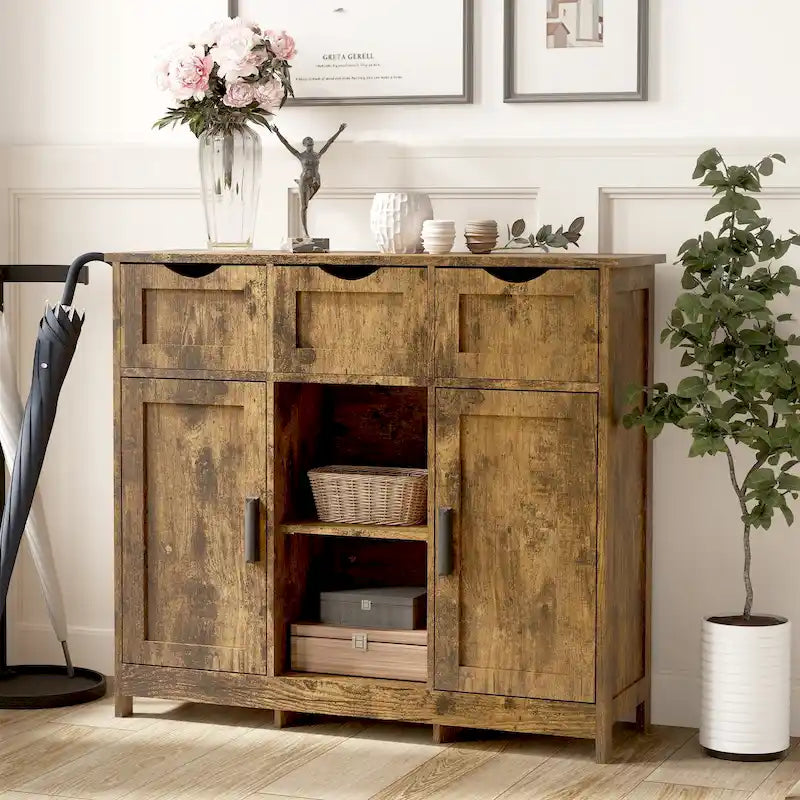 Buffet Vintage à Trois Tiroirs Deux Portes Étagère Centrale Ouverte Style Ferme en MDF