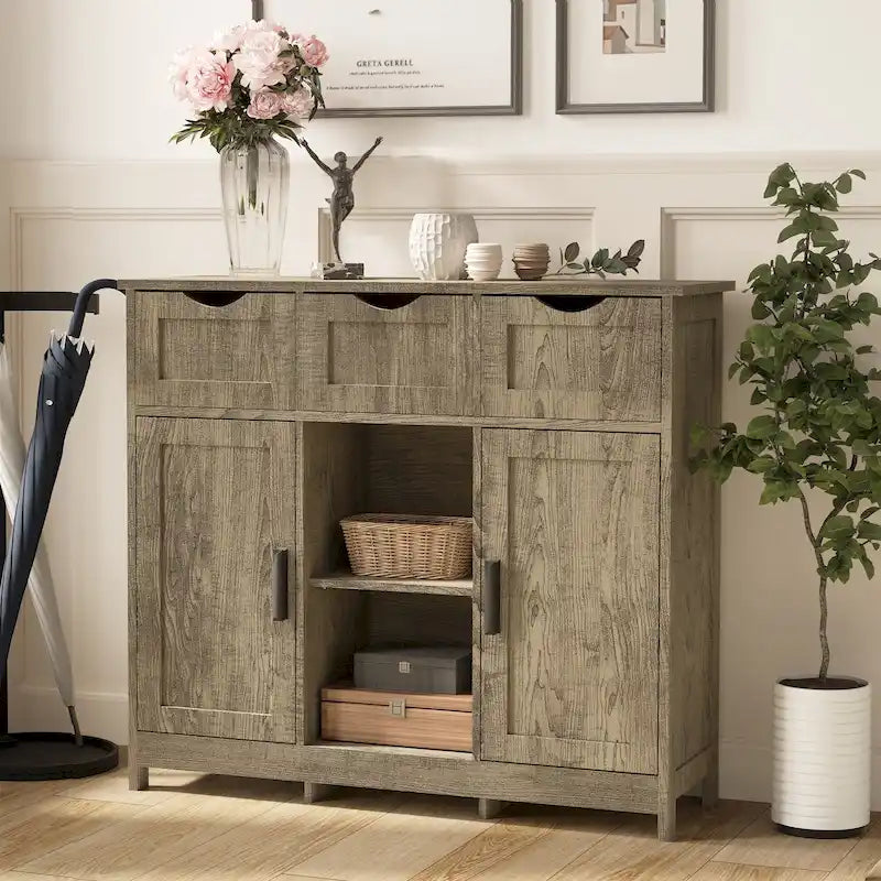 Buffet Vintage à Trois Tiroirs Deux Portes Étagère Centrale Ouverte Style Ferme en MDF