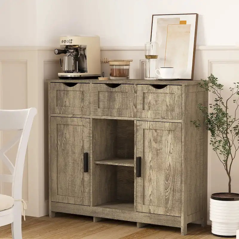 Buffet Vintage à Trois Tiroirs Deux Portes Étagère Centrale Ouverte Style Ferme en MDF