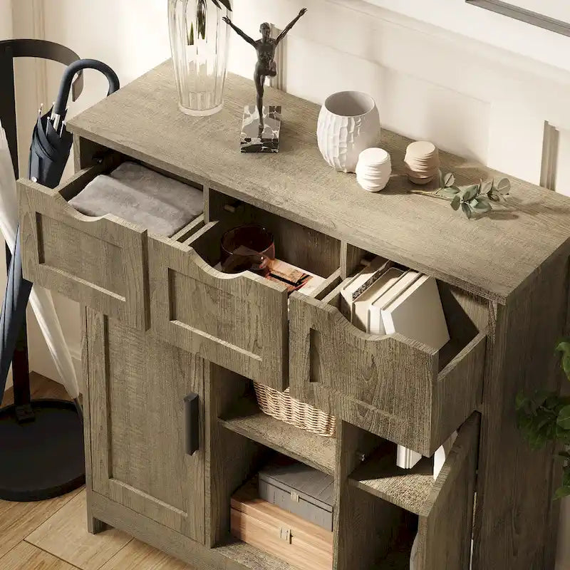 Buffet Vintage à Trois Tiroirs Deux Portes Étagère Centrale Ouverte Style Ferme en MDF
