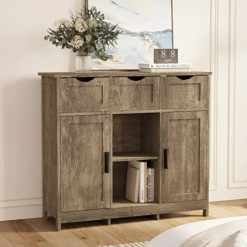Buffet Vintage à Trois Tiroirs Deux Portes Étagère Centrale Ouverte Style Ferme en MDF