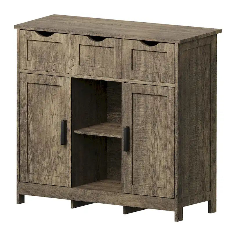 Buffet Vintage à Trois Tiroirs Deux Portes Étagère Centrale Ouverte Style Ferme en MDF