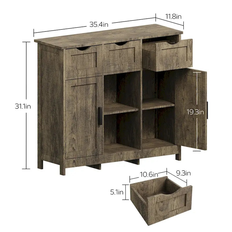 Buffet Vintage à Trois Tiroirs Deux Portes Étagère Centrale Ouverte Style Ferme en MDF