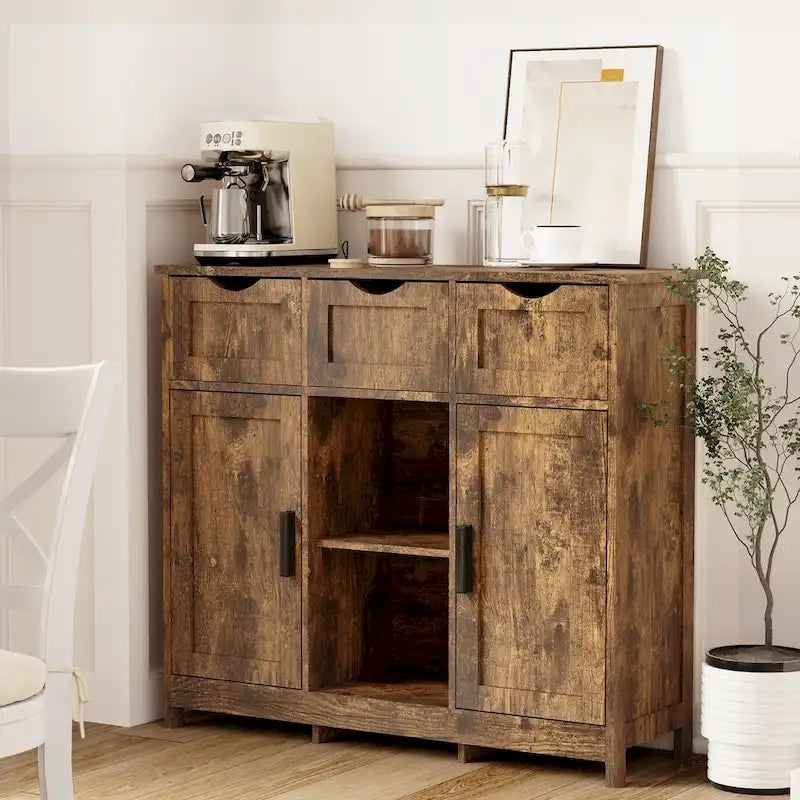 Buffet Vintage à Trois Tiroirs Deux Portes Étagère Centrale Ouverte Style Ferme en MDF