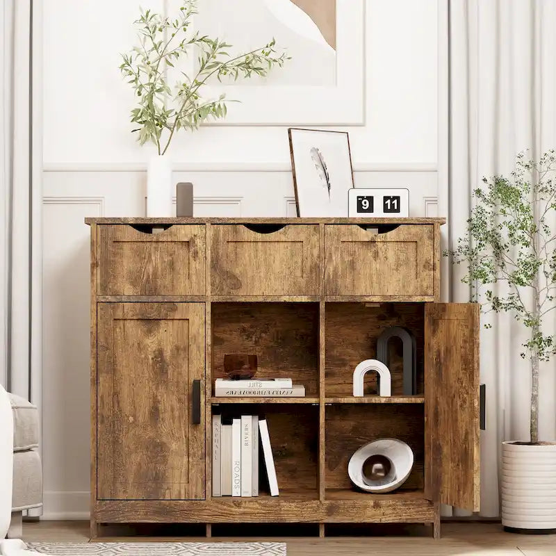 Buffet Vintage à Trois Tiroirs Deux Portes Étagère Centrale Ouverte Style Ferme en MDF