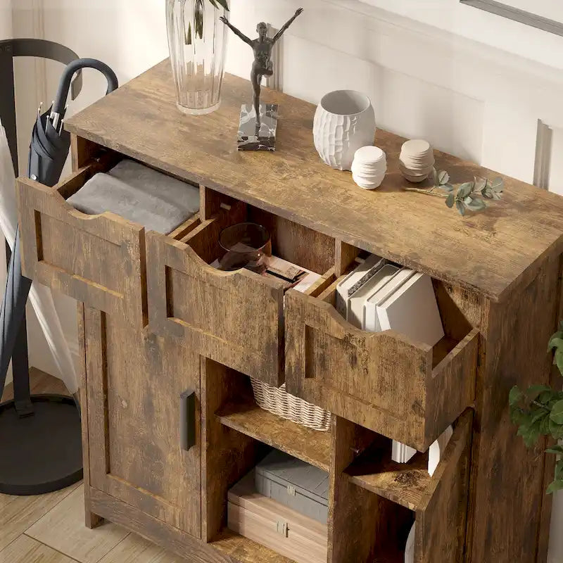 Buffet Vintage à Trois Tiroirs Deux Portes Étagère Centrale Ouverte Style Ferme en MDF