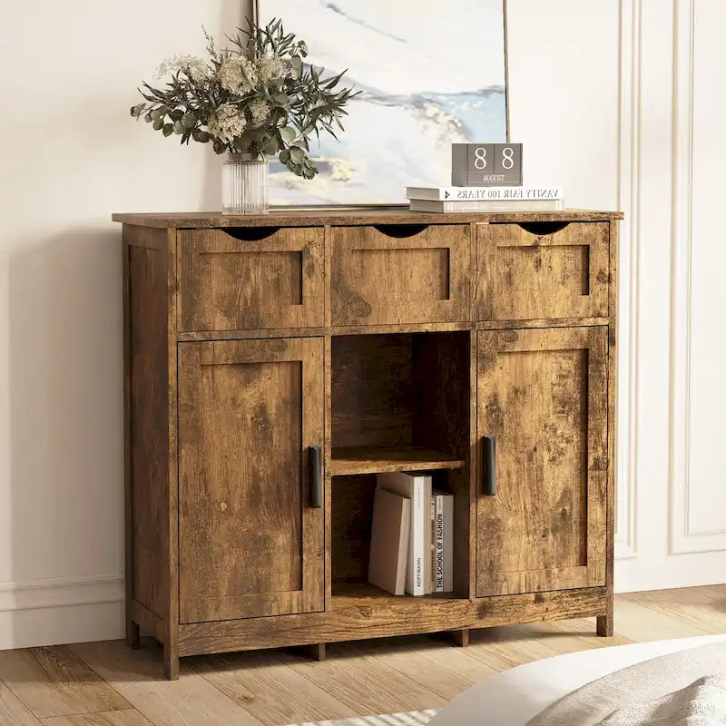 Buffet Vintage à Trois Tiroirs Deux Portes Étagère Centrale Ouverte Style Ferme en MDF