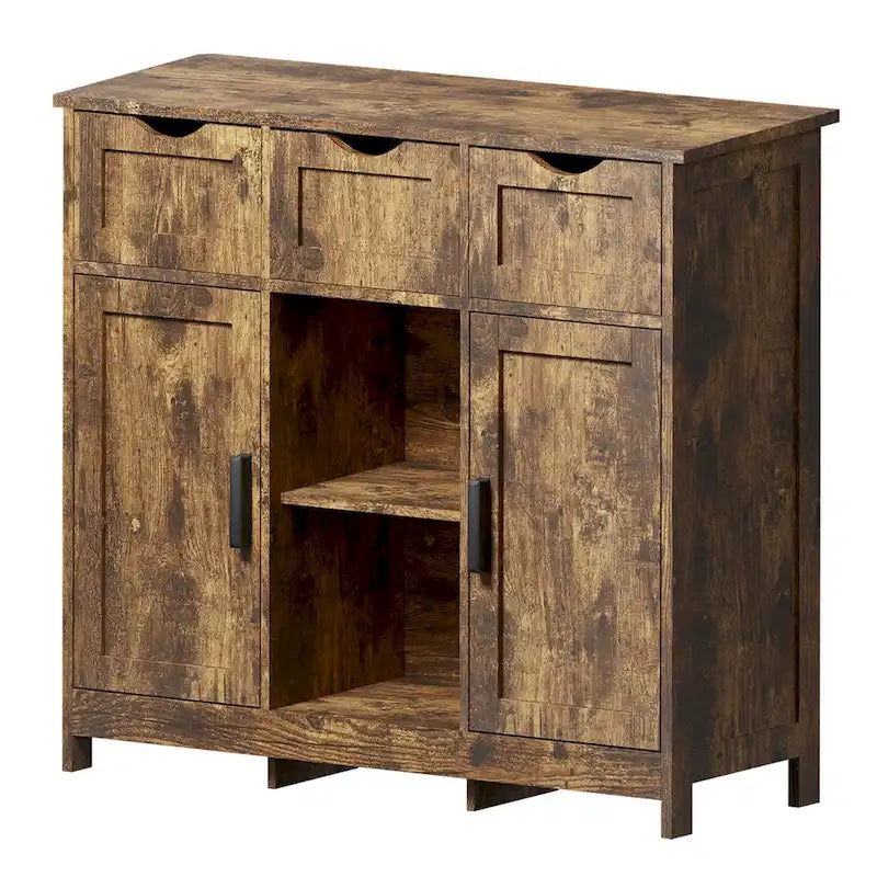 Buffet Vintage à Trois Tiroirs Deux Portes Étagère Centrale Ouverte Style Ferme en MDF