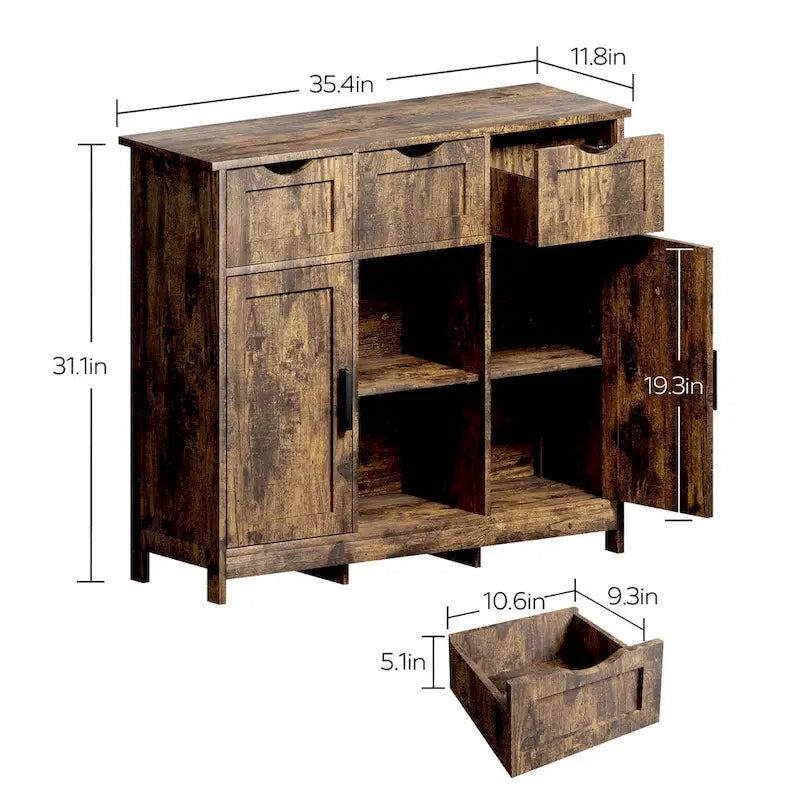Buffet Vintage à Trois Tiroirs Deux Portes Étagère Centrale Ouverte Style Ferme en MDF