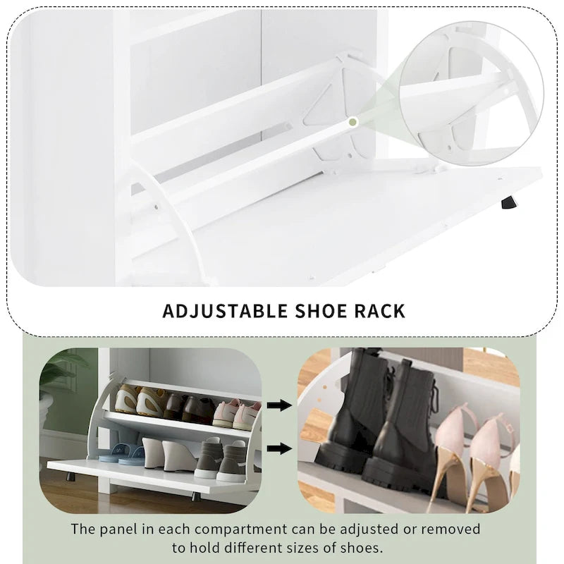 Meuble à chaussures gris haut avec porte basculante, tiroir supérieur aspect bois, séparateurs réglables