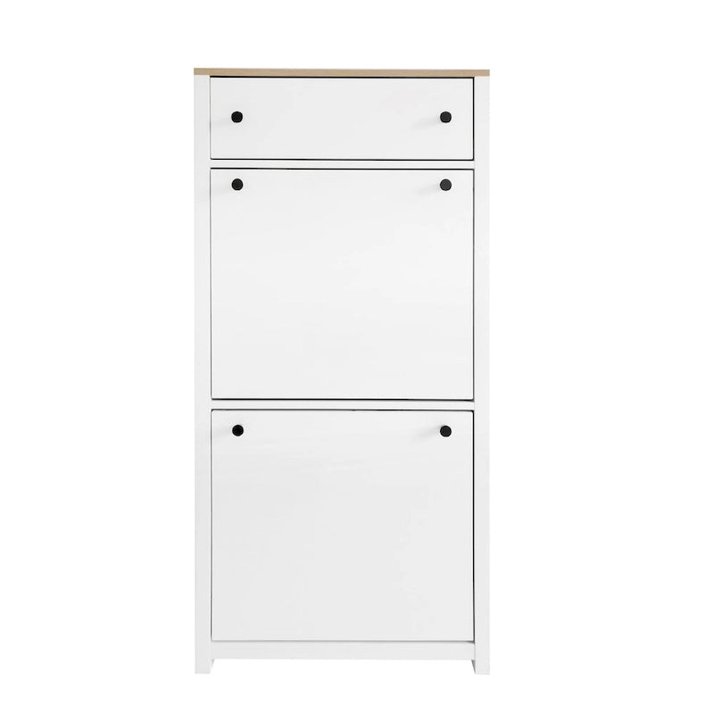 Meuble à chaussures gris haut avec porte basculante, tiroir supérieur aspect bois, séparateurs réglables