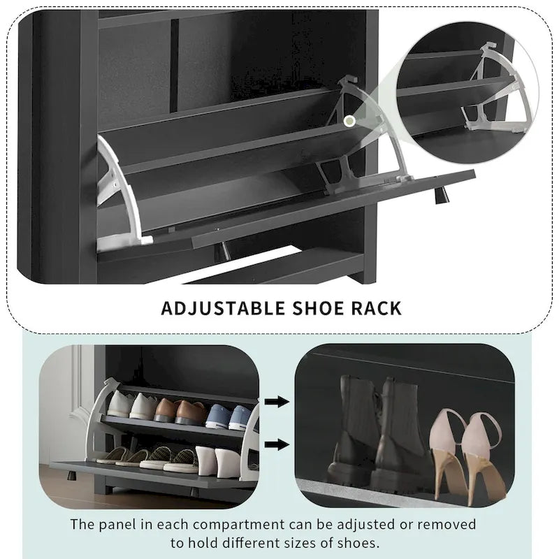 Meuble à chaussures gris haut avec porte basculante, tiroir supérieur aspect bois, séparateurs réglables