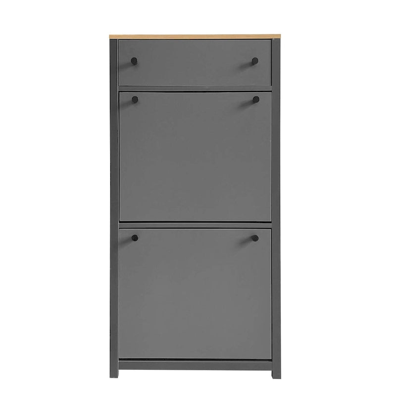 Meuble à chaussures gris haut avec porte basculante, tiroir supérieur aspect bois, séparateurs réglables