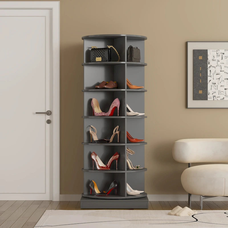 Étagère à chaussures tournante à 360 degrés, six niveaux, 24 paires, étagères ouvertes, autoportante, grise