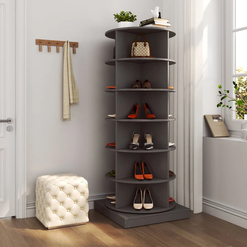 Étagère à chaussures tournante à 360 degrés, six niveaux, 24 paires, étagères ouvertes, autoportante, grise