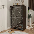Armoire de rangement à double porte miroir, garniture géométrique argentée, gris marron