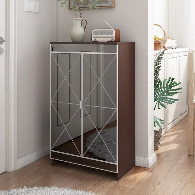 Armoire de rangement à double porte miroir, garniture géométrique argentée, gris marron