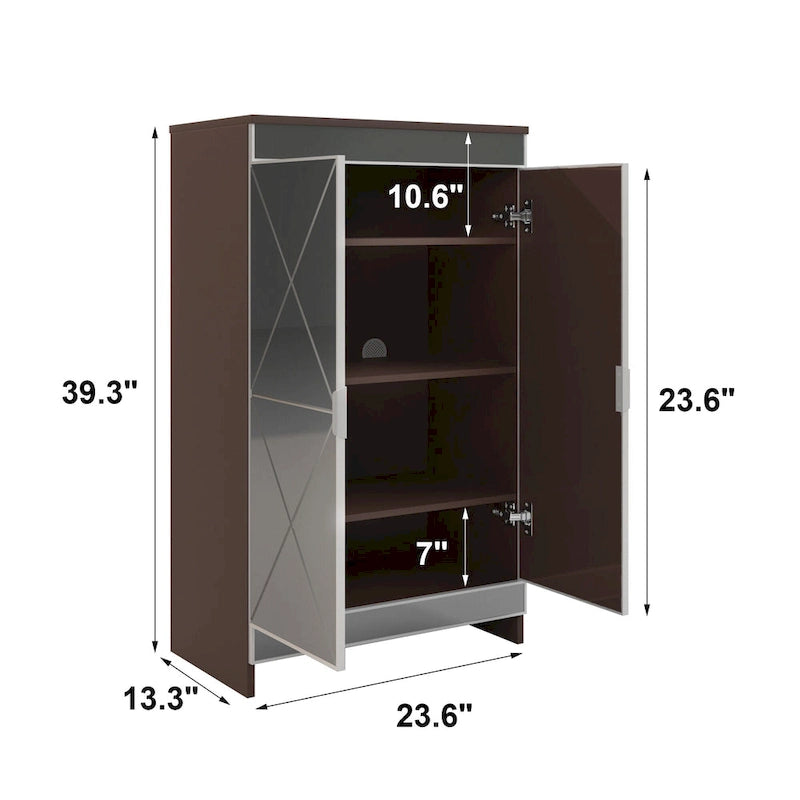 Armoire de rangement à double porte miroir, garniture géométrique argentée, gris marron