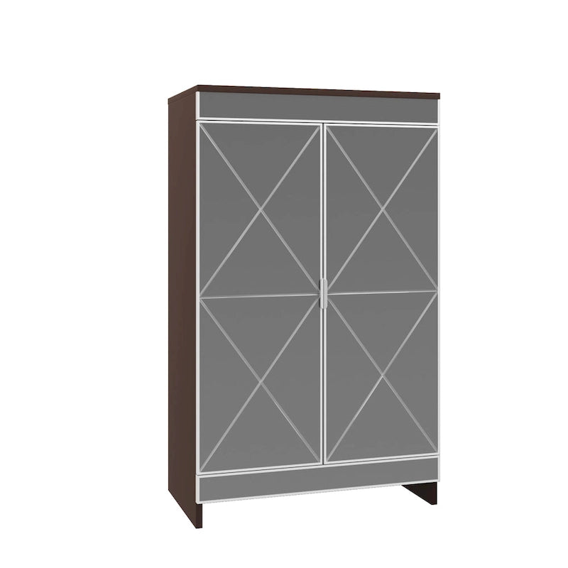 Armoire de rangement à double porte miroir, garniture géométrique argentée, gris marron