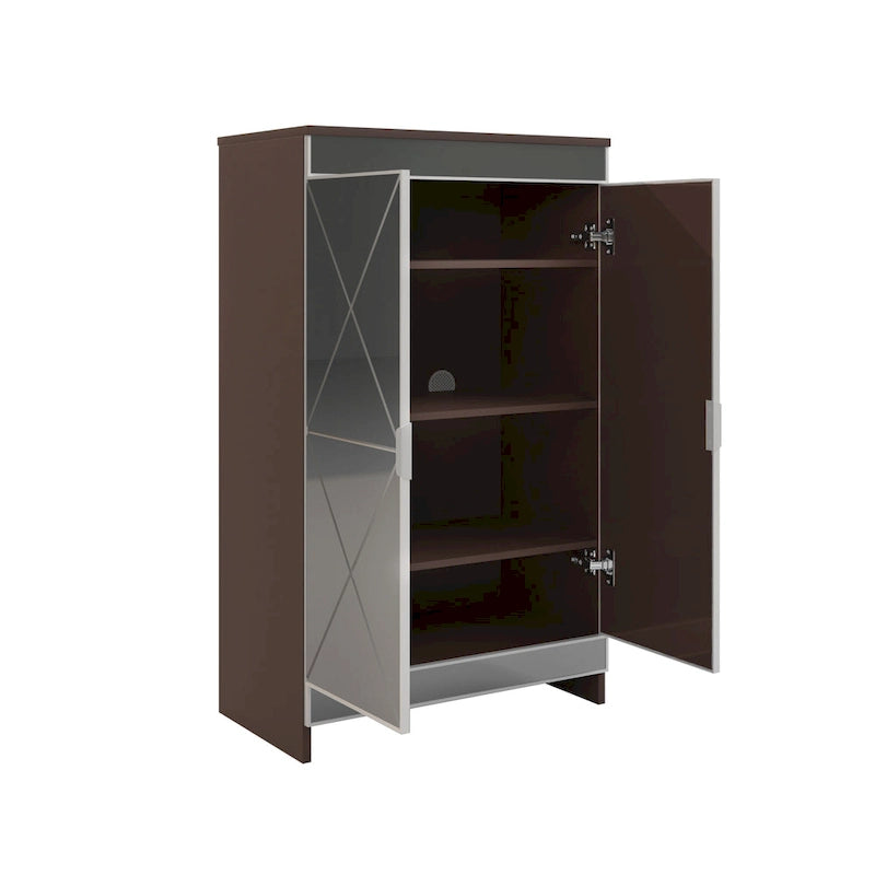 Armoire de rangement à double porte miroir, garniture géométrique argentée, gris marron