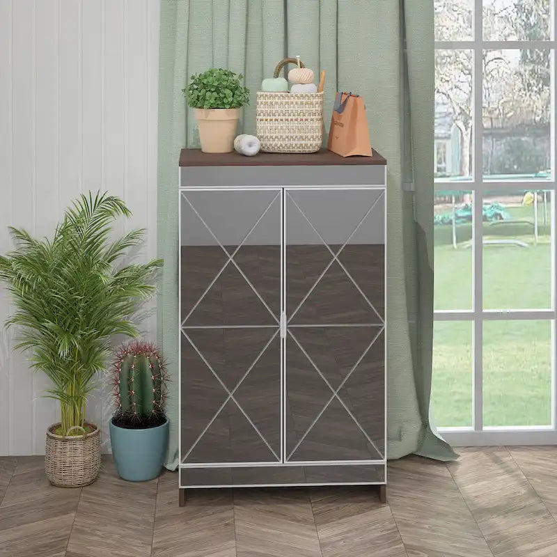 Armoire de rangement à double porte miroir, garniture géométrique argentée, gris marron