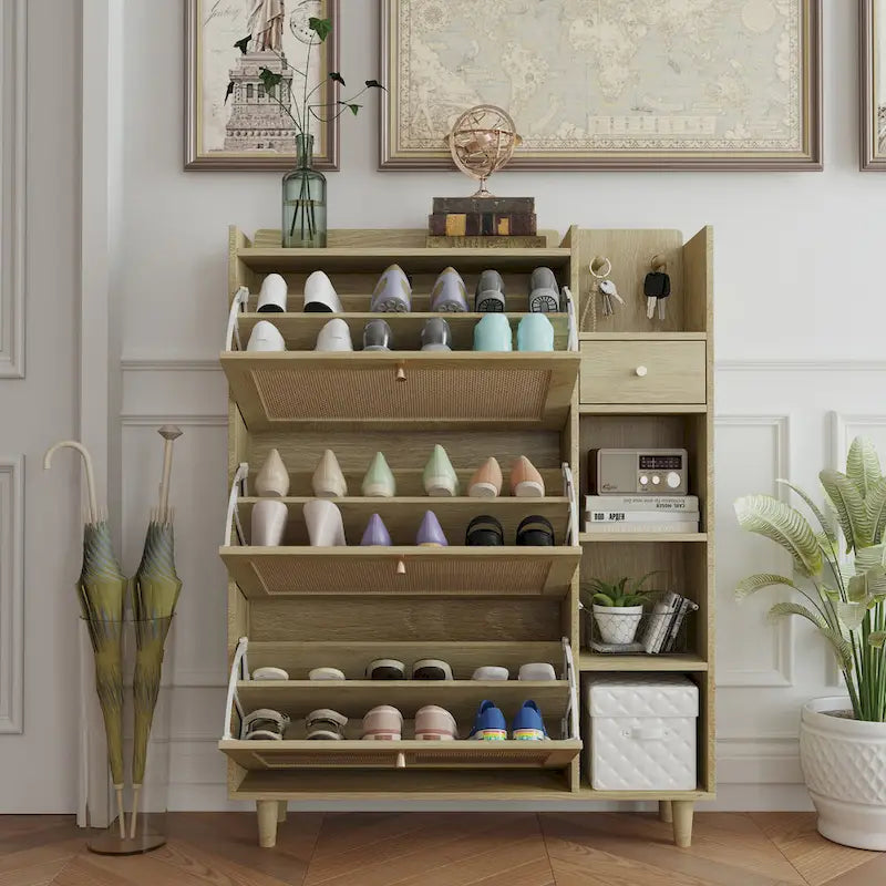 Armoire à chaussures Bohème en rotin et bois naturel avec portes battantes, trois étagères latérales, crochets à clés et petit tiroir