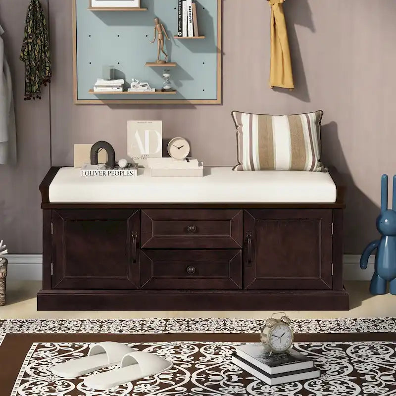 Solid Wood Storage Bench with 2 Drawers & 2 Cabinets, 42.5 Entryway Shoe Rack with Removable Cushion for Living Room Hallway