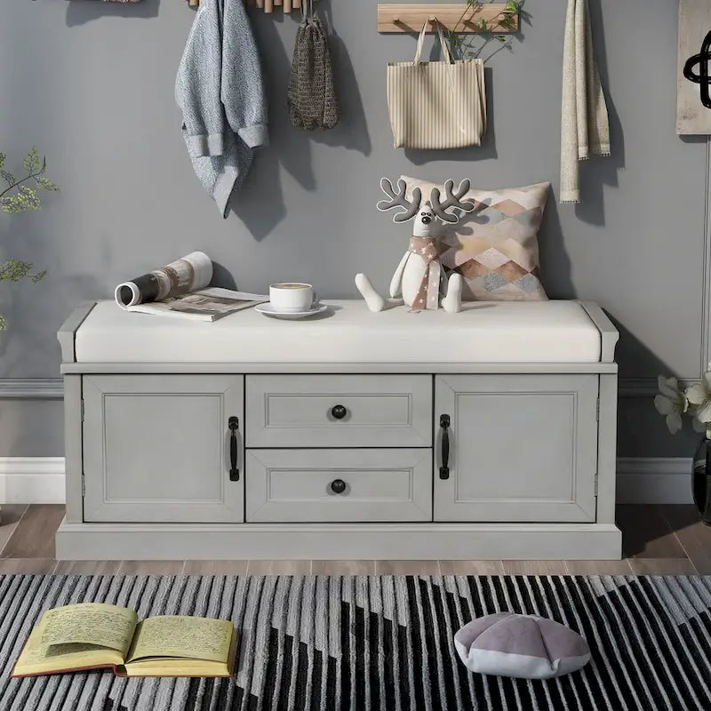 Banc de rangement d'entrée blanc, deux tiroirs, deux placards, coussin en velours amovible, bois de pin