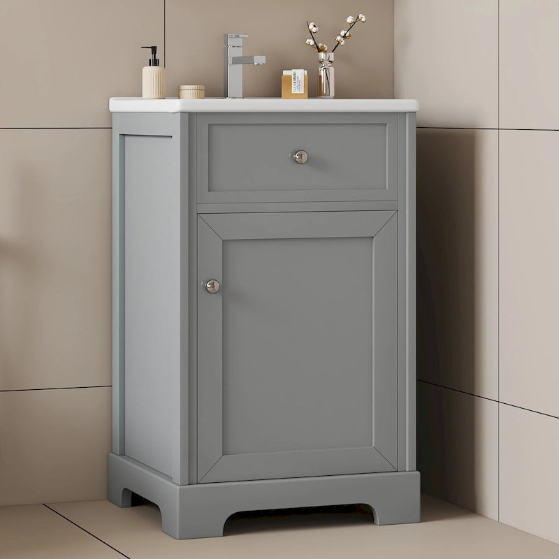 Meuble-lavabo autoportant gris de 20 pouces avec dessus de lavabo en céramique, porte simple et quincaillerie en acier inoxydable à fermeture en douceur