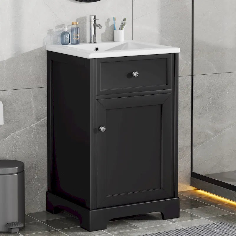 Meuble-lavabo autoportant gris de 20 pouces avec dessus de lavabo en céramique, porte simple et quincaillerie en acier inoxydable à fermeture en douceur