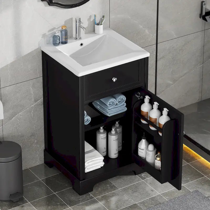 Meuble-lavabo autoportant gris de 20 pouces avec dessus de lavabo en céramique, porte simple et quincaillerie en acier inoxydable à fermeture en douceur