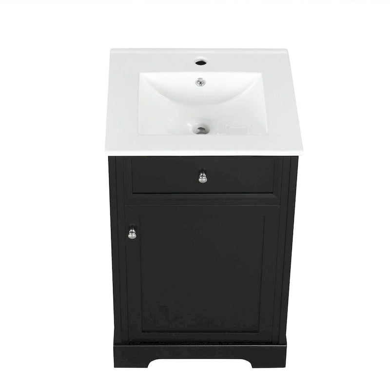 Meuble-lavabo autoportant gris de 20 pouces avec dessus de lavabo en céramique, porte simple et quincaillerie en acier inoxydable à fermeture en douceur