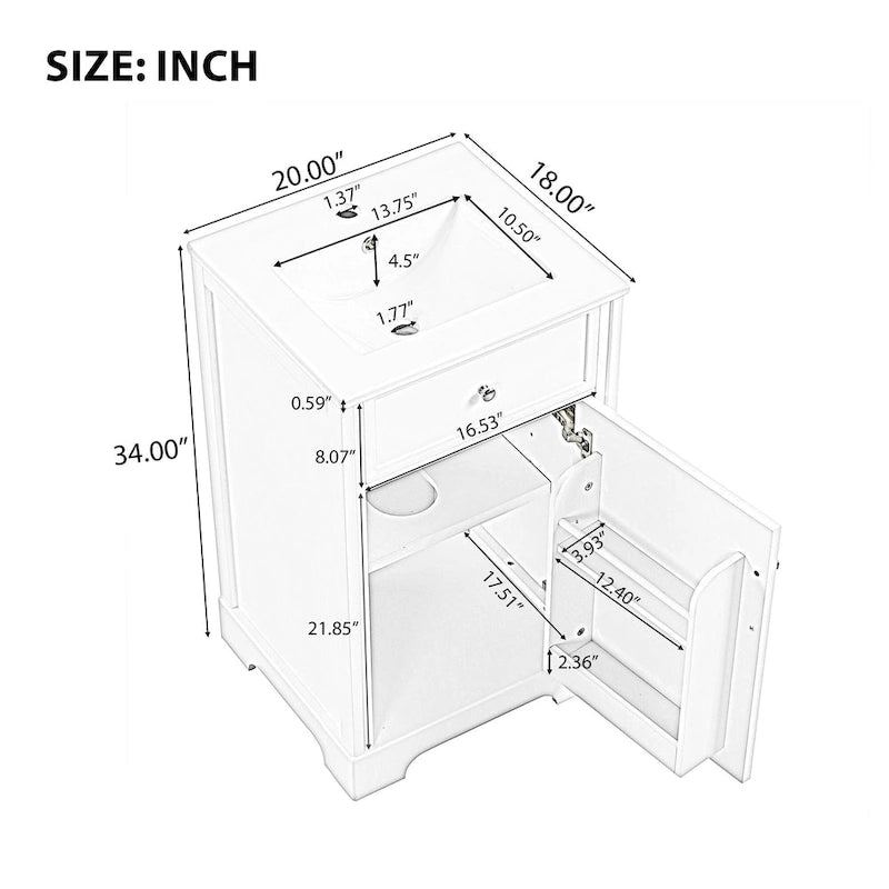 Meuble-lavabo autoportant gris de 20 pouces avec dessus de lavabo en céramique, porte simple et quincaillerie en acier inoxydable à fermeture en douceur