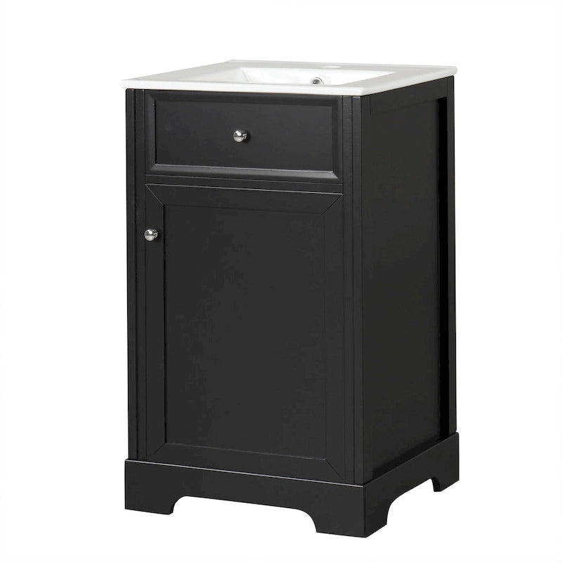 Meuble-lavabo autoportant gris de 20 pouces avec dessus de lavabo en céramique, porte simple et quincaillerie en acier inoxydable à fermeture en douceur