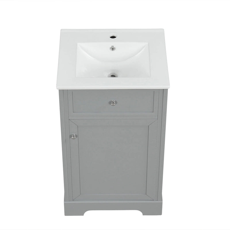 Meuble-lavabo autoportant gris de 20 pouces avec dessus de lavabo en céramique, porte simple et quincaillerie en acier inoxydable à fermeture en douceur