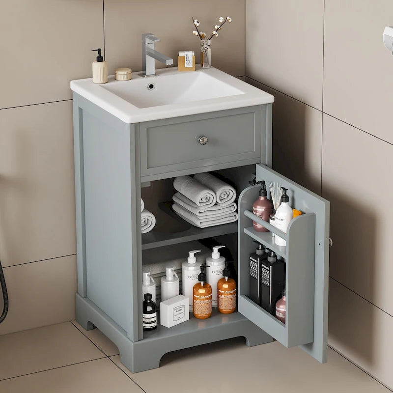 Meuble-lavabo autoportant gris de 20 pouces avec dessus de lavabo en céramique, porte simple et quincaillerie en acier inoxydable à fermeture en douceur