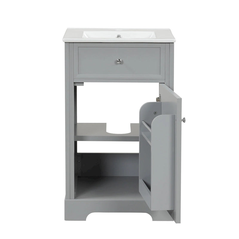 Meuble-lavabo autoportant gris de 20 pouces avec dessus de lavabo en céramique, porte simple et quincaillerie en acier inoxydable à fermeture en douceur