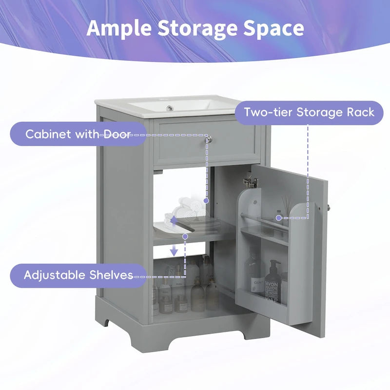 Meuble-lavabo autoportant gris de 20 pouces avec dessus de lavabo en céramique, porte simple et quincaillerie en acier inoxydable à fermeture en douceur