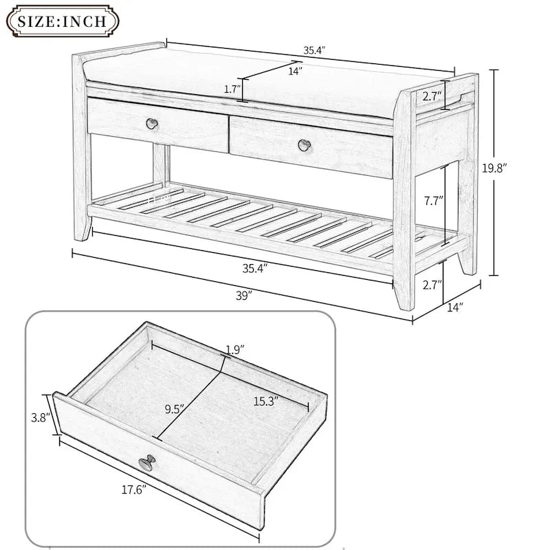 Banc d'entrée en bois de pin blanc, deux tiroirs, étagère à chaussures grillagée, siège rembourré, pieds fuselés