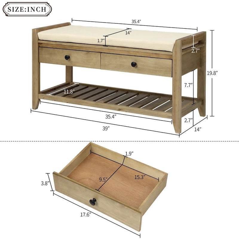 Banc d'entrée en bois de pin blanc, deux tiroirs, étagère à chaussures grillagée, siège rembourré, pieds fuselés