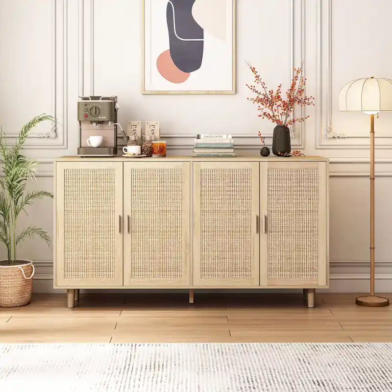 Meuble buffet à quatre portes en rotin naturel, étagère réglable, pieds en bois massif