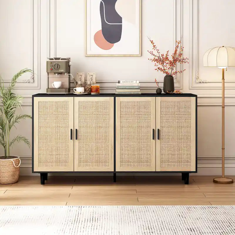 Meuble buffet à quatre portes en rotin naturel, étagère réglable, pieds en bois massif