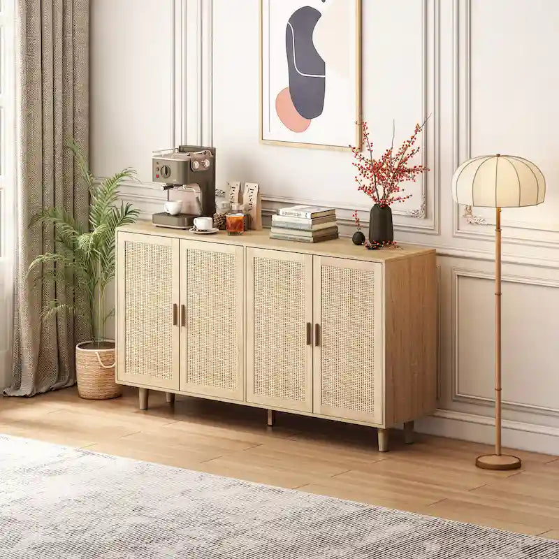 Meuble buffet à quatre portes en rotin naturel, étagère réglable, pieds en bois massif