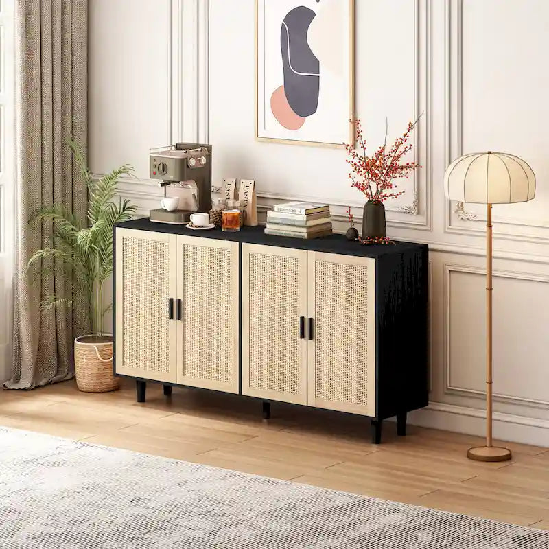 Meuble buffet à quatre portes en rotin naturel, étagère réglable, pieds en bois massif