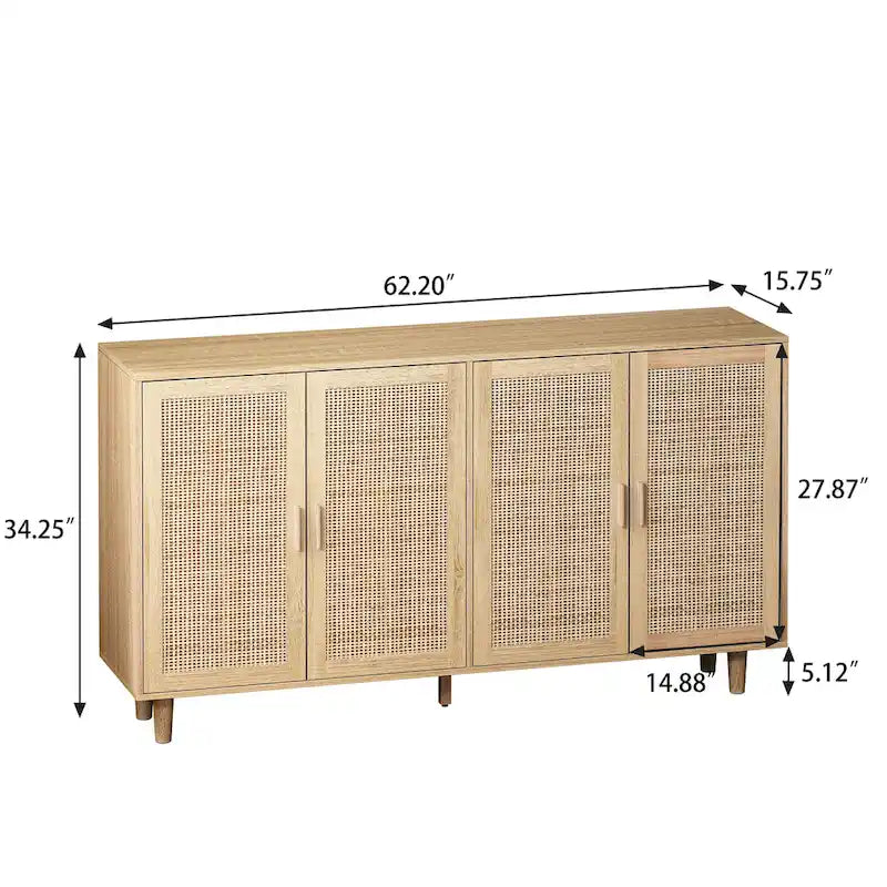 Meuble buffet à quatre portes en rotin naturel, étagère réglable, pieds en bois massif