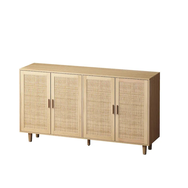 Meuble buffet à quatre portes en rotin naturel, étagère réglable, pieds en bois massif