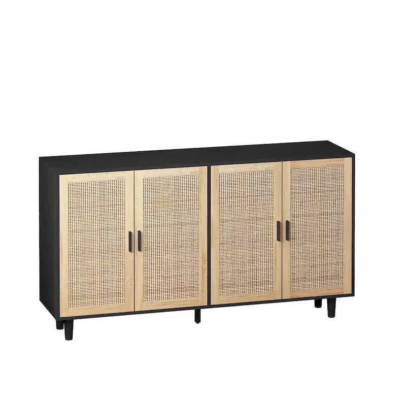 Meuble buffet à quatre portes en rotin naturel, étagère réglable, pieds en bois massif