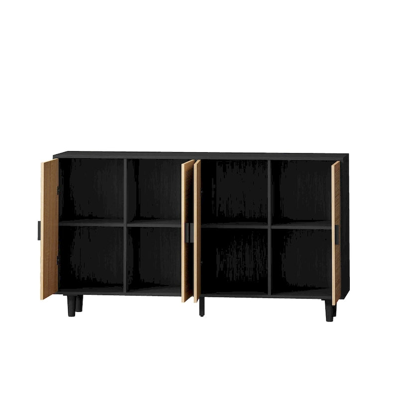 Meuble buffet à quatre portes en rotin naturel, étagère réglable, pieds en bois massif