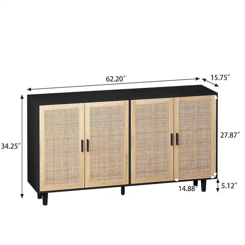 Meuble buffet à quatre portes en rotin naturel, étagère réglable, pieds en bois massif