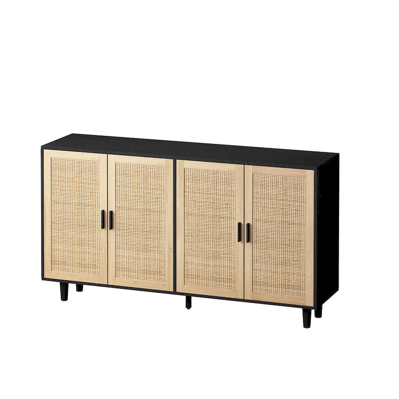Meuble buffet à quatre portes en rotin naturel, étagère réglable, pieds en bois massif